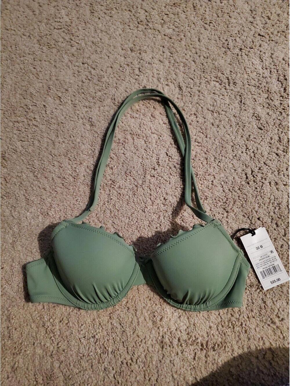 Shade & Shore Women's Lightly Lined Ruffle Bikini Top Size 32B Green